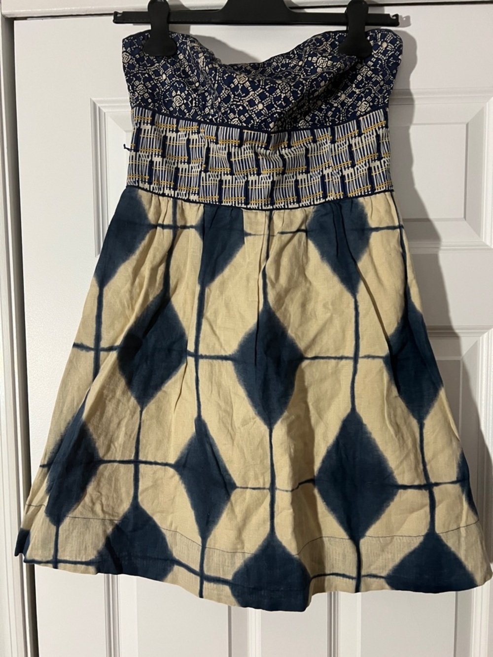 Anthropologie Boho Indigo Tie-Dye strapless dress - Blue/Cream
